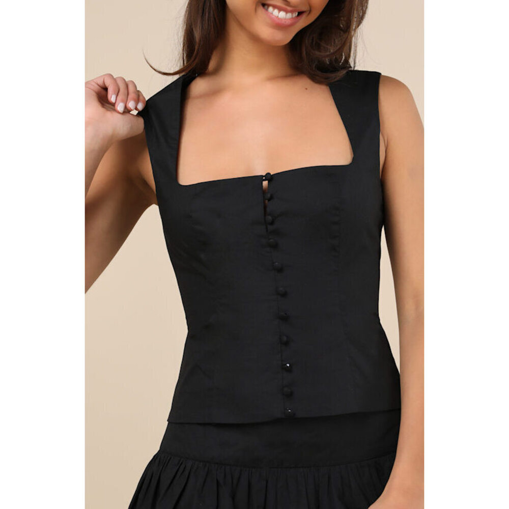 Lulus Evynne Black Poplin Cap Sleeve Button-front Top - Size L